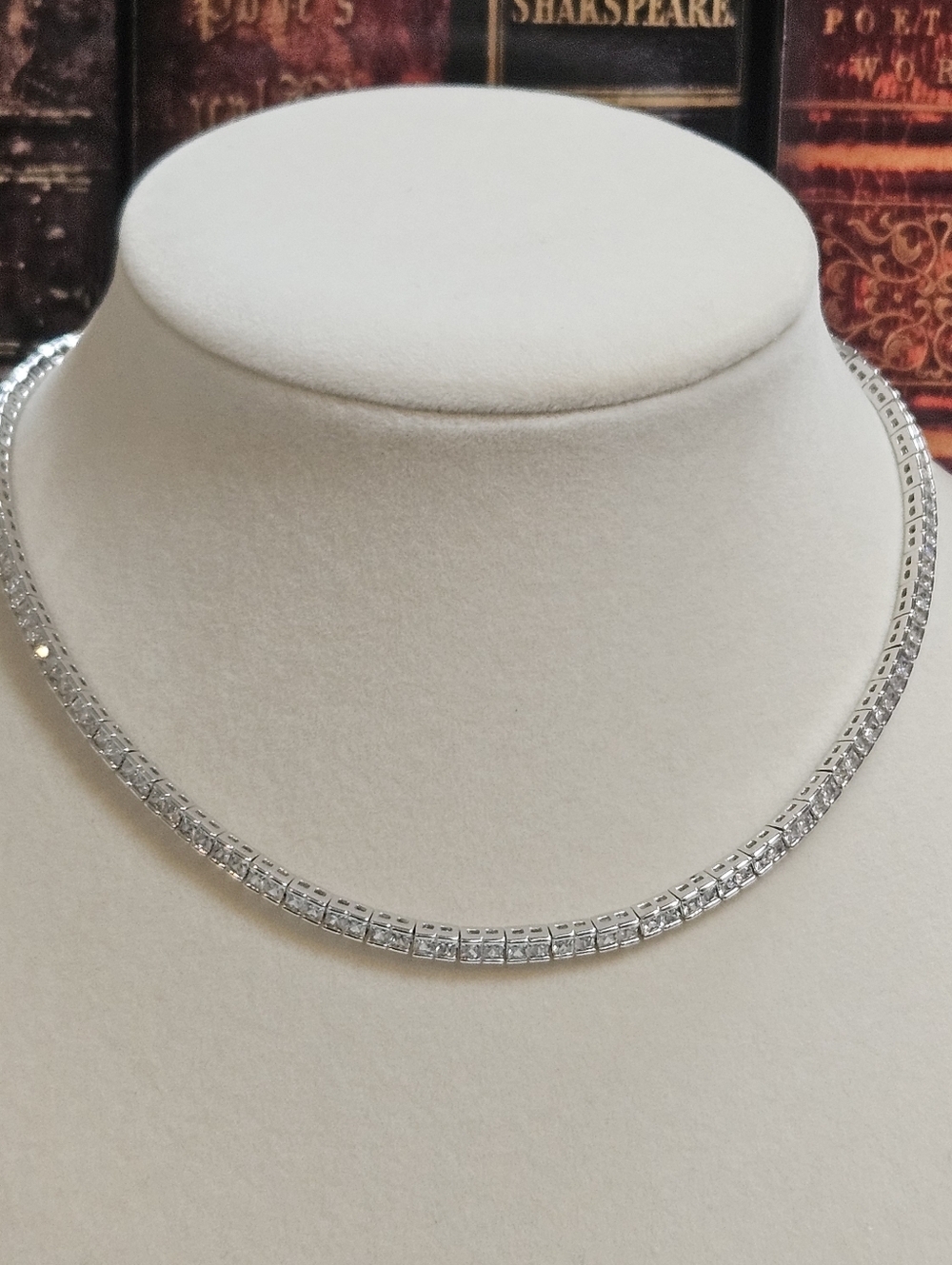 925 Sterling Silver 3mm Princess Square Cut Cubic Zirconia Tennis Necklace
